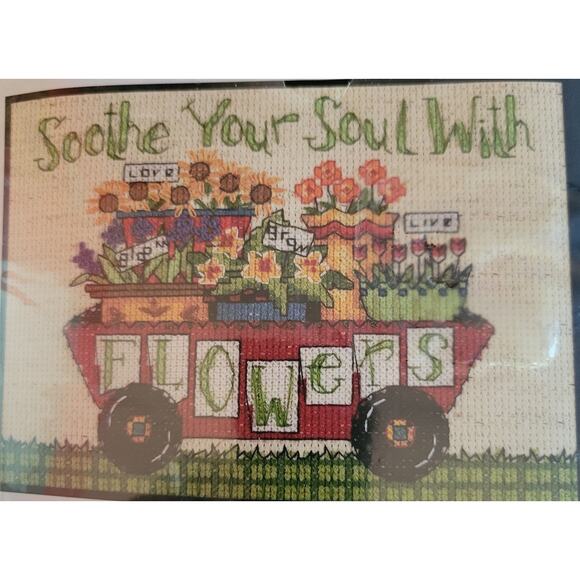 Dimensions Cross Stitch Kit Soothe Your Sole with Flowers Wagon 7 x 5 Vintage - Picture 1 of 3